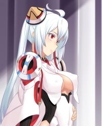 Rule 34 | 1girl, ahoge, blush, breasts, cleavage, cleavage cutout, clothing cutout, covered erect nipples, hair ornament, highres, hou (hachiyou), long hair, matoi (pso2), no bra, phantasy star, phantasy star online 2, red eyes, silver hair, smile, solo, twintails