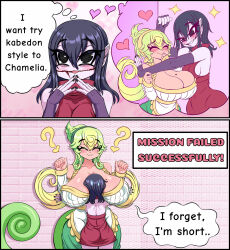 Rule 34 | 2girls, 2koma, ?, ??, @ @, ass, between breasts, black eyes, black hair, blush, breasts, brick wall, cleavage, closed eyes, comic, cowboy shot, english text, female focus, green hair, hair between eyes, heart, height difference, highres, huge breasts, imagining, interspecies, izfanart, kuchisake-onna, lizard tail, long hair, medium breasts, mole, mole under eye, monster girl, multiple girls, original, pink background, shiny skin, size difference, smile, sparkle, speech bubble, standing, tail, yuri