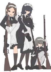 Rule 34 | 3girls, absurdres, apron, black hair, bolt action, brown eyes, brown hair, covered eyes, gloves, gun, highres, ismuth (bibibibirite), leaning on object, lee-enfield, long hair, looking at viewer, maid, maid apron, maid headdress, multiple girls, original, rifle, squatting, weapon, white background, white gloves