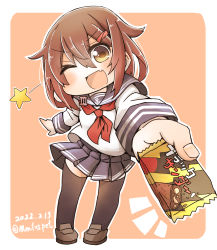 Rule 34 | 1girl, aoba (akibajun), black sailor collar, black skirt, black thighhighs, brown hair, candy, chocolate, chocolate bar, dated, fang, food, foreshortening, hair ornament, hairclip, highres, ikazuchi (kancolle), kantai collection, looking at viewer, neckerchief, one eye closed, orange background, pleated skirt, red neckerchief, sailor collar, school uniform, serafuku, short hair, skin fang, skirt, solo, standing, star (symbol), thighhighs, twitter username