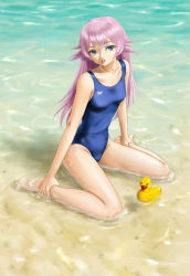 Rule 34 | barefoot, beach, blue eyes, competition swimsuit, covered erect nipples, day, feet, flat chest, long hair, one-piece swimsuit, outdoors, pink hair, rasukaru, rubber duck, sitting, solo, swimsuit, wariza, water