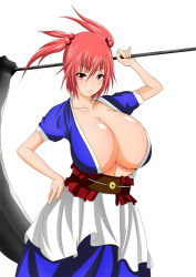Rule 34 | 1girl, breasts, large breasts, no bra, red hair, revolver (titin), simple background, solo, touhou