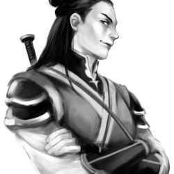 Rule 34 | 1boy, avatar: the last airbender, avatar legends, crossed arms, greyscale, long hair, magatsumagic, male focus, monochrome, nickelodeon, aged up, solo, topknot, zuko