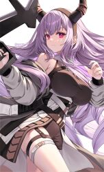 Rule 34 | 1girl, arknights, black bodysuit, black hairband, bodysuit, bow (weapon), breasts, closed mouth, cowboy shot, floating hair, frown, hair between eyes, hairband, hand up, holding, holding bow (weapon), holding weapon, horns, jacket, large breasts, legs together, long hair, long sleeves, mashita (kuzsat), off shoulder, open clothes, open jacket, pink eyes, purple hair, sidelocks, simple background, solo, thighs, twitter username, typhon (arknights), weapon, white background, white jacket