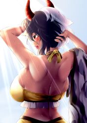 Rule 34 | 0-den, 1girl, absurdres, animal ears, back, back focus, bare shoulders, black hair, breasts, cow ears, cow girl, cow horns, highres, horns, large breasts, multicolored hair, red eyes, short hair, solo, sunlight, tongue, tongue out, touhou, two-tone hair, upper body, ushizaki urumi, wet, white hair