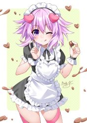 Rule 34 | apron, binato lulu, breasts, chocolate, collar, cuffs, dress, hair ornament, hairband, hairclip, highres, maid, neptune (neptunia), neptune (series), one eye closed, purple eyes, purple hair, ribbon, small breasts, smile, thighs, tongue, uniform, valentine, valentines chocolate, yellow background