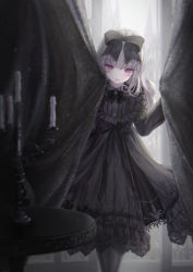Rule 34 | 1girl, black bow, black dress, black legwear, blush, bow, candle, candlestand, commentary request, curtain grab, curtains, dress, frilled dress, frills, gothic lolita, grey hair, hair bow, highres, indoors, lolita fashion, long hair, long sleeves, looking at viewer, missile228, open mouth, original, purple eyes, smile, solo, standing, window