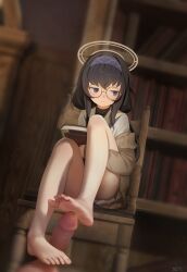 Rule 34 | barefoot, black hair, blue archive, blue eyes, blush, book, bookshelf, chair, feet, footjob, glasses, halo, headband, highres, long hair, looking to the side, no shoes, penis, round eyewear, sitting, soles, toes, ui (blue archive), youyueyue