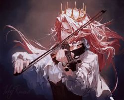 Rule 34 | 1boy, bow (music), crown, closed eyes, instrument, ascot, long hair, pink hair, pointy ears, scar, scar on face, technoblade, violin