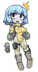 Rule 34 | 1girl, alien, black eyes, blue hair, blunt bangs, bodysuit, boots, breasts, colored skin, covered erect nipples, covered navel, creature and personification, full body, gloves, gray grunt, green bodysuit, grey footwear, grey gloves, grey skin, hair ornament, hairclip, knee boots, medium breasts, multicolored bodysuit, multicolored clothes, no nose, nyong nyong, open mouth, personification, pouch, short hair, simple background, solo, standing, terraria, thigh strap, v-shaped eyebrows, white background, yellow bodysuit