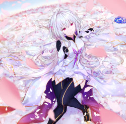 Rule 34 | 1girl, absurdres, breasts, fate/grand order, fate (series), flower, flower bed, gloves, highres, holding, holding staff, kurogiri, long hair, looking at viewer, medium breasts, merlin (fate/prototype), merlin (fate/prototype) (second ascension), parted lips, petals, red eyes, robe, sitting, smile, solo, staff, thighhighs, thighs, very long hair, white hair, white robe, wide sleeves