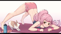 Rule 34 | 1girl, animal, bare legs, bare shoulders, barefoot, blunt bangs, blush, bottle, breasts, brown eyes, commission, full body, heavy breathing, jack-o&#039; challenge, letterboxed, long hair, open mouth, original, pink hair, pink shorts, ponytail, rabbit, short shorts, shorts, small breasts, solo, sweat, sweatband, top-down bottom-up, towel, uneg, very long hair, water bottle, wristband