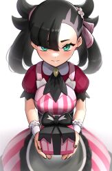 Rule 34 | 1girl, absurdres, apron, asymmetrical bangs, black hair, black nails, blush, box, closed mouth, commentary request, creatures (company), dress, earrings, eyelashes, game freak, gift, gift box, gonzarez, green eyes, hair ribbon, highres, holding, holding gift, jewelry, looking at viewer, marnie (palentine&#039;s 2022) (pokemon), marnie (pokemon), nail polish, nintendo, official alternate costume, pink dress, pokemon, pokemon masters ex, red shirt, ribbon, shirt, short sleeves, solo, twintails, waist apron, wrist cuffs