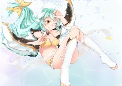 Rule 34 | 1girl, absurdres, air bubble, blush, bubble, fate/grand order, fate (series), feet, green hair, highres, holding breath, japanese clothes, kiyohime (fate), kiyohime (swimsuit lancer) (first ascension) (fate), long hair, low tied hair, no shoes, one eye closed, solo, swimsuit, toeless legwear, underwater, very long hair, wanjie sa hua, white legwear, yellow eyes