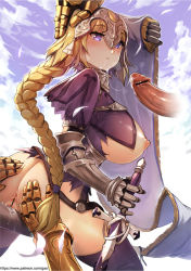 Rule 34 | 1girl, armor, armored dress, ass, ass grab, bar censor, blonde hair, blush, braid, breasts, breasts out, capelet, censored, chain, cloud, cum, cum in mouth, cum string, cumdrip, erection, fate/apocrypha, fate/grand order, fate (series), faulds, flag, from behind, full mouth, gao, gao (gaolukchup), gauntlets, grabbing another&#039;s ass, groping, headpiece, holding, holding sword, holding weapon, jeanne d&#039;arc (fate), jeanne d&#039;arc (ruler) (fate), knight, large breasts, long braid, long hair, nipples, penis, plackart, purple eyes, pussy, pussy juice, pussy juice puddle, pussy juice trail, sideboob, single braid, sky, solo focus, standard bearer, straddling, sword, thighhighs, torn clothes, very long hair, weapon