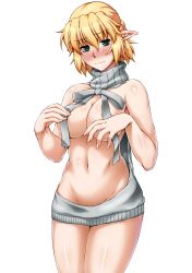 Rule 34 | 1girl, alternate costume, bad id, bad twitter id, bare arms, bare shoulders, blonde hair, blush, breasts, closed mouth, cowboy shot, dress, eyes visible through hair, frown, green eyes, groin, highres, large breasts, meme attire, midriff, mizuhashi parsee, navel, no panties, nose blush, ootsuki wataru, pointy ears, ribbed sweater, short hair, solo, stomach, sweater, sweater dress, touhou, transparent background, virgin killer sweater, wardrobe error, wavy mouth