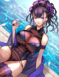 Rule 34 | 1girl, absurdres, armlet, black hair, breasts, covered navel, fate/grand order, fate (series), flower, hair flower, hair ornament, highres, large breasts, murasaki shikibu (fate), murasaki shikibu (swimsuit rider) (fate), murasaki shikibu (swimsuit rider) (first ascension) (fate), one-piece swimsuit, pool, poolside, purple eyes, ri-ko, smile, swimsuit, thighhighs