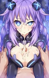Rule 34 | breast press, breasts squeezed together, breasts, cleavage, closed mouth, clothed paizuri, cum, cum on body, cum on breasts, cum on upper body, highres, large breasts, long hair, looking at viewer, neptune (series), paizuri, pov, purple hair, purple heart (neptunia), tagme