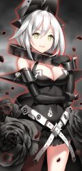 Rule 34 | 1girl, black dress, black gloves, breasts, collar, covered navel, cowboy shot, dress, elbow gloves, elphelt valentine, girls&#039; frontline, gloves, grey hair, guilty gear, guilty gear xrd, hair between eyes, hand up, highres, looking at viewer, marmoset (marmoset0), medium breasts, official alternate costume, open mouth, sangvis ferri, short dress, short hair, short hair with long locks, smile, solo, spoilers, wedding dress, yellow eyes