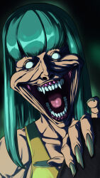 Rule 34 | 1girl, absurdres, alternate universe, aqua hair, blank eyes, blunt bangs, breasts, collarbone, commentary, corruption, crazy smile, creepy, dragon ball, dragonball z, english commentary, fangs, fingernails, highres, kinzokumatto, large breasts, long hair, maron (dragon ball), monster girl, portrait, sharp fingernails, smile, solo, tank top, teeth, time paradox, tongue, what, yellow tank top