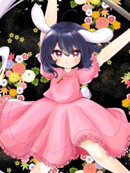 Rule 34 | 1girl, ahoge, animal ears, black hair, blush, carrot necklace, dress, floppy ears, flower, frilled sleeves, frills, highres, inaba tewi, jewelry, necklace, ol07469724, pink dress, rabbit ears, rabbit girl, rabbit tail, red eyes, ribbon-trimmed dress, short hair, tail, touhou