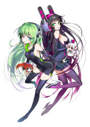 Rule 34 | 2girls, bare shoulders, black dress, black gloves, black hair, black legwear, blue eyes, boots, breasts, chibi, detached sleeves, dress, elbow gloves, food, gloves, green eyes, green hair, headgear, headphones, headphones around neck, high heels, hong (white spider), long hair, mouth hold, multiple girls, one eye closed, original, pocky, shoes, short dress, sideboob, simple background, smile, thigh boots, thighhighs, very long hair, white background, wink