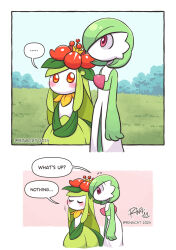 Rule 34 | ..., 2girls, 2koma, arms at sides, artist name, blue sky, blush, bob cut, border, bush, closed eyes, colored skin, comic, creatures (company), crown, dated, day, english text, female focus, flat chest, flower, game freak, gardevoir, gen 3 pokemon, gen 5 pokemon, grass, green hair, green skin, hair flower, hair ornament, hair over one eye, lilligant, long hair, looking at another, mini crown, monster girl, multicolored skin, multiple girls, multiple views, nintendo, no mouth, notice lines, one eye covered, orange eyes, outdoors, outside border, own hands together, plant girl, pokemon, pokemon (creature), red eyes, red flower, rina cat, short hair, sidelocks, signature, sky, speech bubble, spoken ellipsis, talking, twitter username, two-tone skin, u u, v arms, watermark, white border, white skin, yellow crown, yuri