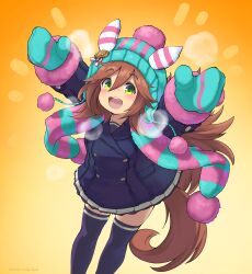Rule 34 | 1girl, absurdres, animal ears, arms up, beanie, green eyes, hair between eyes, hair ornament, hat, heavy breathing, highres, horse ears, horse tail, koishi chikasa, open mouth, pom pom (clothes), samson big (umamusume), scarf, school uniform, solo, tail, thighhighs, tracen school uniform, umamusume, winter uniform, yellow background