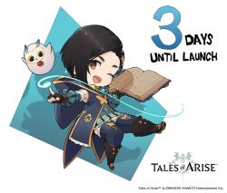 Rule 34 | 1girl, bird, black hair, book, boots, brown eyes, chibi, copyright name, copyright notice, countdown, english text, fururu (tales), logo, looking at viewer, magic, official art, open book, owl, rinwell (tales), smile, solo, tales of (series), tales of arise, thighhighs