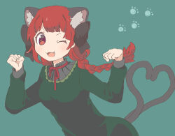 Rule 34 | 1girl, ;d, animal ear fluff, animal ears, aqua background, bow, braid, cat ears, cel shading, citrus (place), dress, fangs, green background, green dress, heart, heart tail, jaggy lines, kaenbyou rin, long sleeves, looking at viewer, nekomata, one eye closed, open mouth, paw pose, paw print, red eyes, red hair, smile, solo, tail, touhou