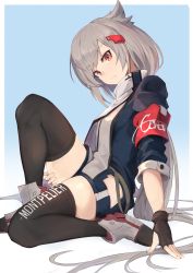 Rule 34 | 1girl, armband, azur lane, black gloves, black thighhighs, blue background, cape, closed mouth, fingerless gloves, full body, gloves, grey hair, hair ears, hair flaps, hair ornament, hairclip, hand on floor, highres, hip vent, long hair, looking at viewer, marshall k, montpelier (azur lane), on floor, orange eyes, sitting, solo, thighhighs, white cape