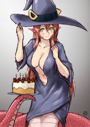 Rule 34 | 1girl, arm up, artist name, birthday, birthday cake, blush, breasts, cake, candle, cape, cleavage, closed mouth, collarbone, commentary, dress, english commentary, finalcake, food, gradient background, hair between eyes, halloween, halloween costume, hat, holding, holding cake, holding food, lamia, large breasts, long hair, looking at viewer, miia (monster musume), monster girl, monster musume no iru nichijou, navel, no bra, plate, pointy ears, red hair, scales, simple background, sketch, smile, solo, tail, very long hair, wide sleeves, witch, witch hat, yellow eyes