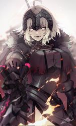 Rule 34 | 1girl, ahoge, armor, armored dress, black dress, breasts, chain, collar, corrupted twitter file, dress, fate/grand order, fate (series), faulds, fire, gauntlets, grey hair, headpiece, highres, jeanne d&#039;arc alter (avenger) (fate), jeanne d&#039;arc alter (fate), large breasts, looking at viewer, metal collar, no-kan, open mouth, pale skin, plackart, short hair, smile, solo, sword, thighs, weapon, yellow eyes