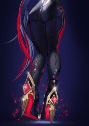 Rule 34 | 1girl, arlecchino (genshin impact), ass, black pants, commentary request, genshin impact, grey hair, high heels, highres, leggings, lunart, multicolored hair, pants, red hair, solo, standing, thighs