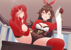 Rule 34 | 1girl, amber (genshin impact), blush, boots, unworn boots, breasts, brown hair, cleavage, cum, cum on body, cum on feet, feet, foreshortening, genshin impact, holding, holding shoes, kou futoshi, long hair, looking at viewer, parted lips, red socks, see-through, see-through legwear, shoes, unworn shoes, short shorts, shorts, single shoe, socks, soles, steam, thighs, toes, torn clothes, yellow eyes