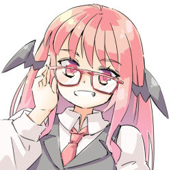 Rule 34 | 1girl, adjusting eyewear, arnest, bat wings, bespectacled, black vest, commentary, glasses, glasses day, grin, hand up, head wings, koakuma, long hair, looking at viewer, necktie, red-framed eyewear, red eyes, red hair, red necktie, shirt, simple background, smile, solo, touhou, upper body, vest, white background, white shirt, wings