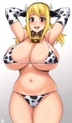 Rule 34 | 1girl, absurdres, animal collar, animal print, areola slip, armpit peek, arms behind head, arms up, bell, bikini, blonde hair, breasts, brown eyes, cameltoe, cleavage, collar, cow horns, cow print, cowbell, cowboy shot, curvy, elbow gloves, fairy tail, gloves, gluteal fold, groin, higher resolution available, highres, horns, huge breasts, jmg, long hair, looking at viewer, lucy heartfilia, navel, neck bell, open mouth, smile, solo, stomach, swimsuit, thick thighs, thigh gap, thighs, twintails