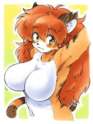 Rule 34 | 1girl, arm up, armpits, blush, border, breasts, fang, furry, furry female, green eyes, large breasts, long hair, no pupils, nude, orange hair, original, oyatsu (mk2), red hair, simple background, solo, tiger, upper body, white border