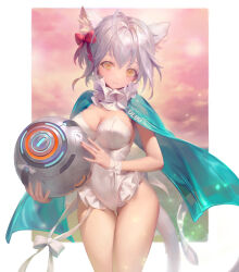 Rule 34 | 1girl, absurdres, animal ear fluff, animal ears, antenna hair, blue capelet, border, bow, breasts, capelet, cat ears, cat girl, cat tail, cleavage, closed mouth, commentary, cowboy shot, english commentary, frilled leotard, frills, grey hair, hair between eyes, hair bow, highres, holding, large breasts, leotard, looking at viewer, making-of available, original, outside border, short hair, smile, solo, tail, white border, white bow, white leotard, white wristband, yellow eyes, yuho kim