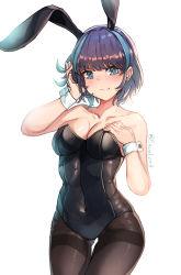 Rule 34 | 1girl, absurdres, animal ears, azur lane, black hair, black leotard, blue eyes, breasts, cheshire (azur lane), cleavage, collarbone, commentary request, covered navel, cowboy shot, envel203, fake animal ears, fang, gluteal fold, highres, leotard, looking at viewer, medium breasts, multicolored hair, pantyhose, playboy bunny, rabbit ears, rabbit girl, revision, short hair, simple background, skin fang, solo, strapless, strapless leotard, thigh gap, thighband pantyhose, twitter username, white background, wrist cuffs