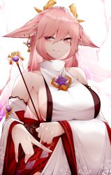 Rule 34 | 1girl, absurdres, animal ears, bare shoulders, blush, breasts, commentary, detached sleeves, floral print, fox ears, genshin impact, gohei, grin, hair between eyes, highres, holding, long hair, long sleeves, looking at viewer, nontraditional miko, pink hair, purple eyes, samip, shirt, sideboob, sleeveless, sleeveless shirt, smile, solo, upper body, very long hair, white background, white shirt, yae miko