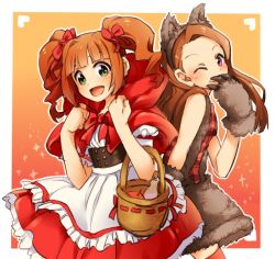 Rule 34 | 2girls, :d, animal ears, apple, apron, bad id, bad pixiv id, basket, big bad wolf, big bad wolf (cosplay), brown hair, cape, capelet, claws, cosplay, covering own mouth, food, fruit, green eyes, hair ribbon, hairband, idolmaster, idolmaster (classic), little red riding hood, little red riding hood (grimm), little red riding hood (grimm) (cosplay), looking at viewer, minase iori, multiple girls, one eye closed, open mouth, orange hair, purple eyes, red cape, red skirt, restaint, ribbon, ribbon trim, skirt, smile, takatsuki yayoi, thighhighs, twintails, wolf ears, wolf paws