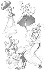 Rule 34 | 1girl, alternate hairstyle, bad id, bad tumblr id, bowser jr., closed eyes, collage, crown, dress, earrings, flying sweatdrops, garter straps, greyscale, highres, jewelry, long hair, long skirt, mario (series), mask, monochrome, mouth mask, musical note, nintendo, ponytail, princess peach, puffy short sleeves, puffy sleeves, riding, robaato, short sleeves, sketch, skipping, skirt, smile, thighhighs, turnip, umbrella, yoshi