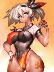 Rule 34 | 1girl, bea (pokemon), black bow, blonde hair, bow, breasts, cameltoe, covered erect nipples, covered navel, creatures (company), dark-skinned female, dark skin, fumio (rsqkr), game freak, gloves, grey eyes, gym leader, hair bow, hand on own hip, highres, large breasts, leotard, looking at viewer, nintendo, pokemon, pokemon swsh, short hair, single glove, solo, thick eyebrows, thick thighs, thighs, toned, wide hips, yellow background
