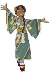 Rule 34 | 1girl, black hair, blue kimono, braid, freckles, full body, geta, hair over shoulder, highres, japanese clothes, kimono, long hair, looking at viewer, mossacannibalis, obi, original, outstretched arms, sash, smile, solo, spread arms, tabi, very long hair, white legwear, yellow eyes