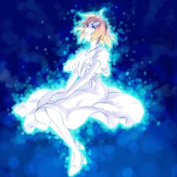Rule 34 | 10s, 1girl, blue eyes, breasts, canon memphis, dress, glowing, hairband, highres, looking up, parted lips, red hair, sandals, short hair, solo, soukyuu no fafner, spoilers, takenoko (flamingo garden), white dress