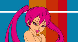 Rule 34 | 1girl, alternate hair color, collarbone, eyelashes, hatsune miku, highres, long hair, nail polish, nude, pairubanka, pink eyes, pink hair, sexually suggestive, solo, striped, striped background, teeth, thumb to mouth, tongue, tongue out, twintails, upper body, upper teeth only, vocaloid, yellow nails