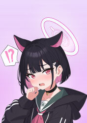 Rule 34 | !?, 1girl, absurdres, animal ears, black choker, black hair, black hoodie, blue archive, blush, cat ears, choker, colored inner hair, commentary request, embarrassed, green sailor collar, hair ornament, hairclip, halo, hand up, highres, hood, hood down, hoodie, kazusa (blue archive), long sleeves, looking at viewer, multicolored hair, neckerchief, open mouth, pink eyes, pink hair, pink halo, pink neckerchief, purple background, sailor collar, shiroharo, short hair, simple background, solo, upper body