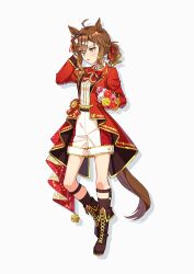 Rule 34 | 1girl, absurdres, ahoge, animal ears, arm up, boots, bow, bowtie, braid, breasts, brown footwear, brown hair, brown socks, flower, full body, hair ornament, hairclip, hand in own hair, heel up, highres, holding, holding flower, horse ears, horse girl, horse tail, jacket, jungle pocket (umamusume), legwear garter, long sleeves, multicolored hair, nayuta ggg, notched ear, open mouth, ponytail, red jacket, shadow, shirt, short hair, shorts, simple background, small breasts, socks, solo, streaked hair, tail, umamusume, white background, white shirt, white shorts, yellow eyes