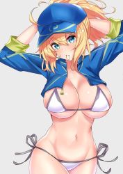 Rule 34 | 1girl, ahoge, arms up, artoria pendragon (fate), baseball cap, bikini, blonde hair, blue eyes, blue hat, blush, breasts, cleavage, closed mouth, commentary request, fate/grand order, fate (series), hair between eyes, hair through headwear, hair tie in mouth, hat, highres, hip focus, large breasts, long hair, looking at viewer, mouth hold, mysterious heroine x (fate), mysterious heroine xx (fate), navel, ponytail, sankakusui, shrug (clothing), side-tie bikini bottom, simple background, solo, swimsuit, tying hair, white bikini, zipper, zipper pull tab